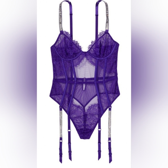 S 💜Victoria's Secret Shine Strap Lace Teddy With Garters Purple